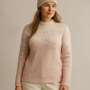 High Sierra Angora Wool Ombre Fair Isle Knit Sweater Pink Cream Made Hong Kong L